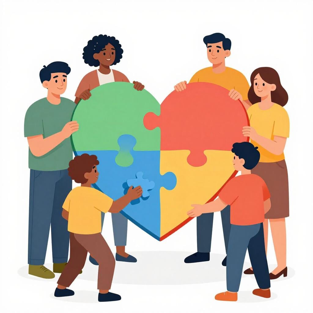 Eine Person hält ein kleines Puzzleteil und fügt es in ein großes, buntes herzförmiges Puzzle ein, das von einer Gruppe gehalten wird.