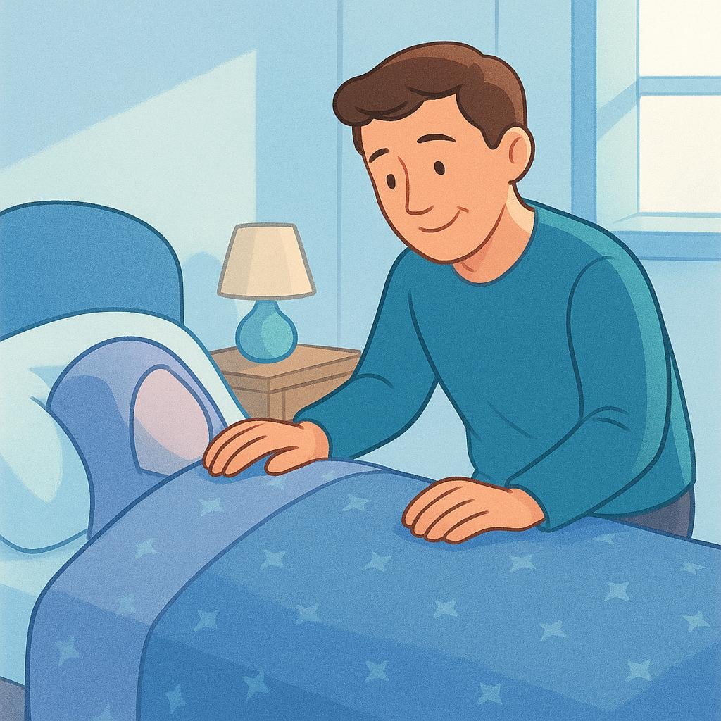 An adult figure leaning over a bed and gently touching the shoulder of a figure sleeping under a blanket, urging them to wake up.