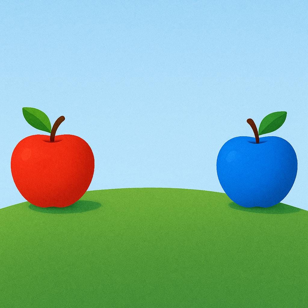 A storybook illustration showing a bright red apple placed on the far left of a green hill and a bright blue apple placed on the far right of the same hill, emphasizing opposite positions.