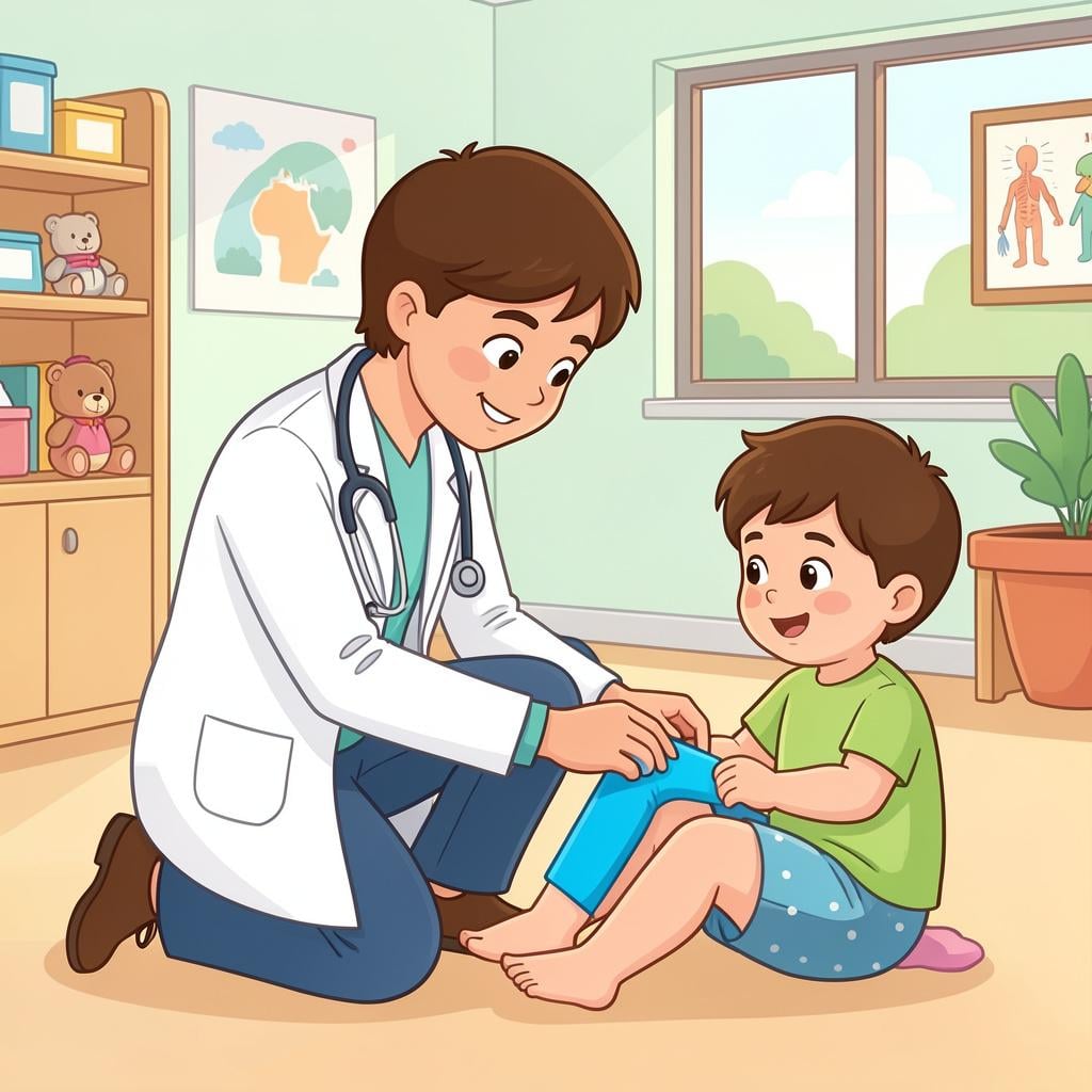 A doctor kindly placing a colorful bandage on a child's scraped knee.