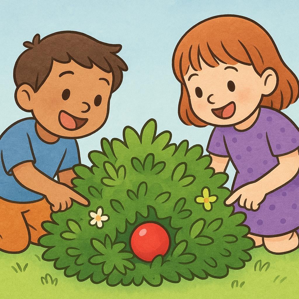 Two happy children peering into a green bush, pointing at a bright red ball they have discovered.