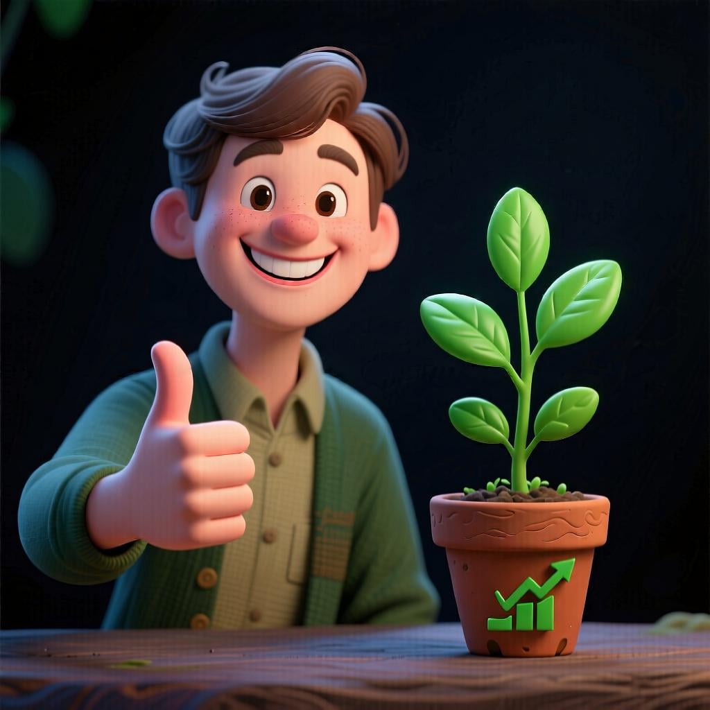 A happy person giving a thumbs-up next to a healthy, flourishing green plant, representing things 'going' well.