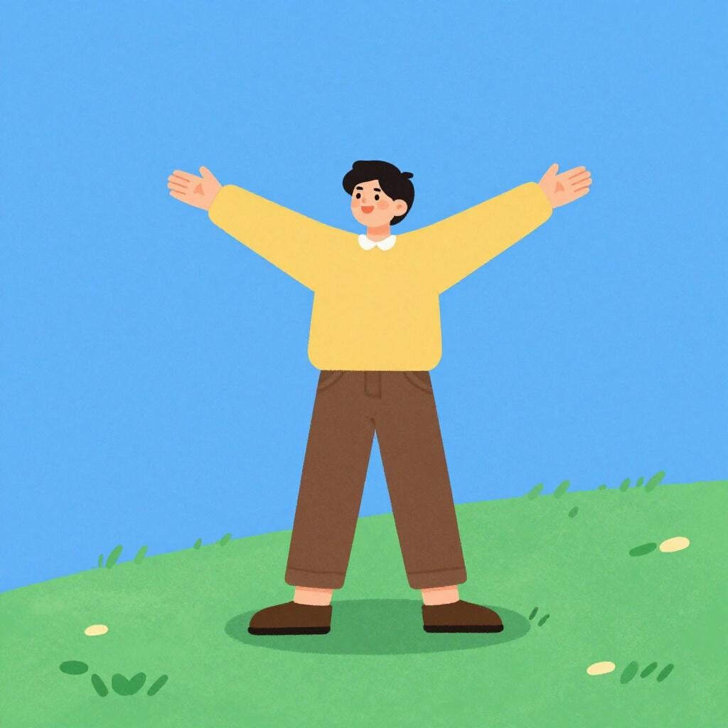 A happy person standing on top of a hill with arms wide open, looking joyful.