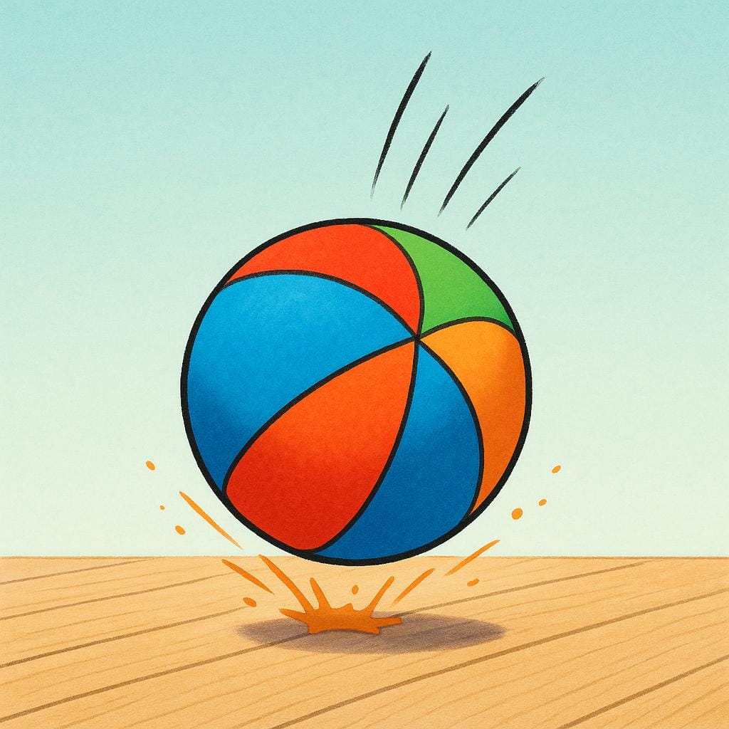 A brightly colored rubber ball aggressively rebounding upward immediately after hitting a flat wooden floor, indicating motion.