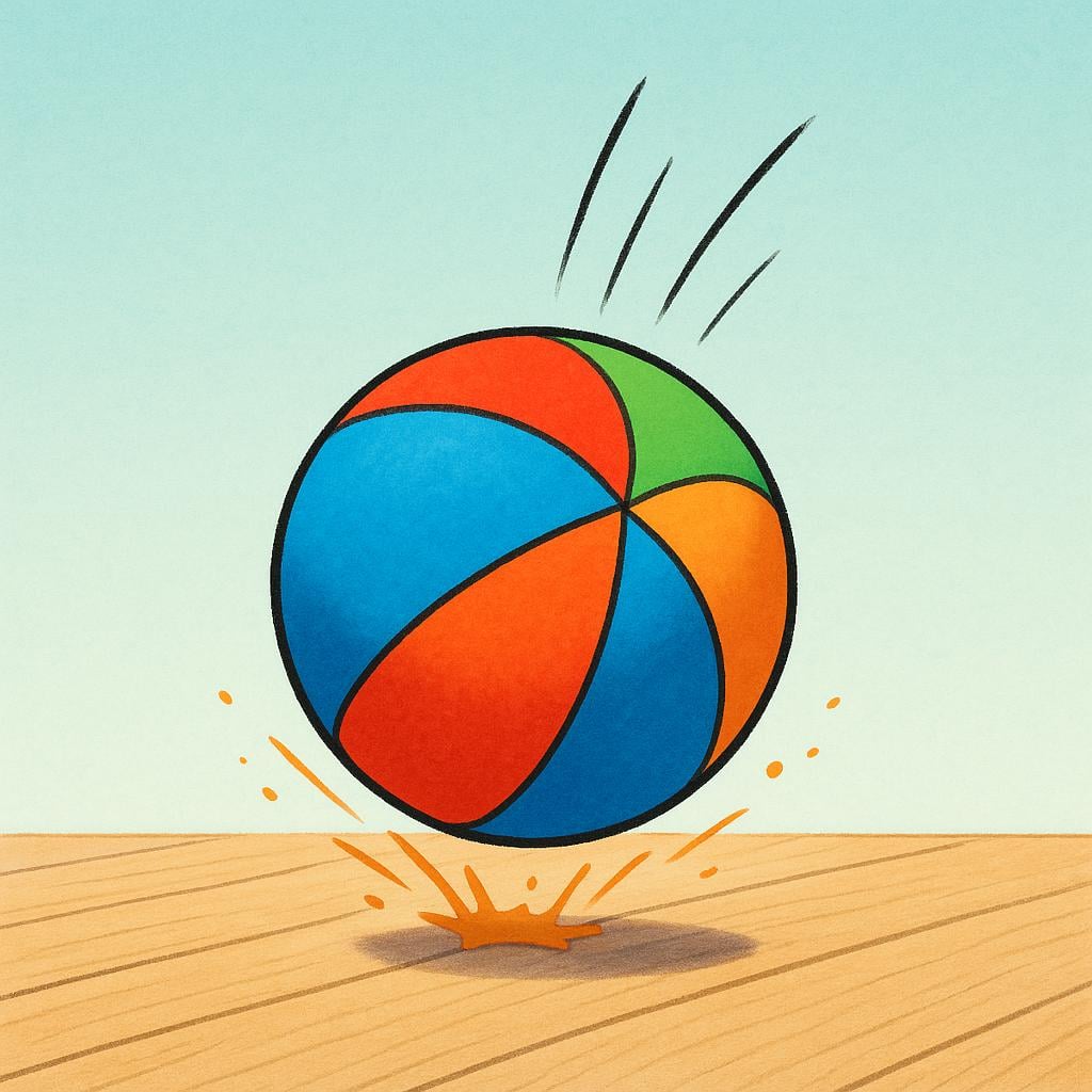 A brightly colored rubber ball aggressively rebounding upward immediately after hitting a flat wooden floor, indicating motion.
