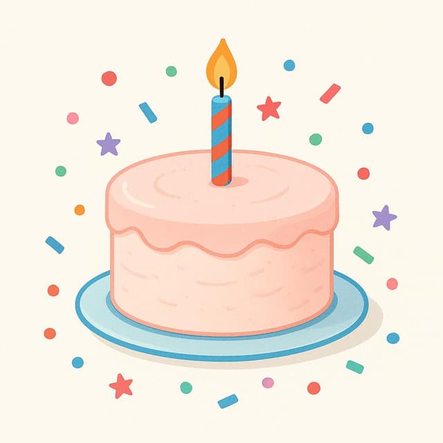 Um bolo de aniversário redondo com cobertura branca e uma única vela acesa no topo, cercado por confetes coloridos, simbolizando uma celebração.