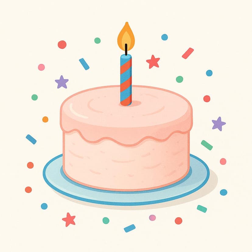 A round birthday cake with white frosting and a single lit candle on top, surrounded by colorful confetti, symbolizing a celebration.