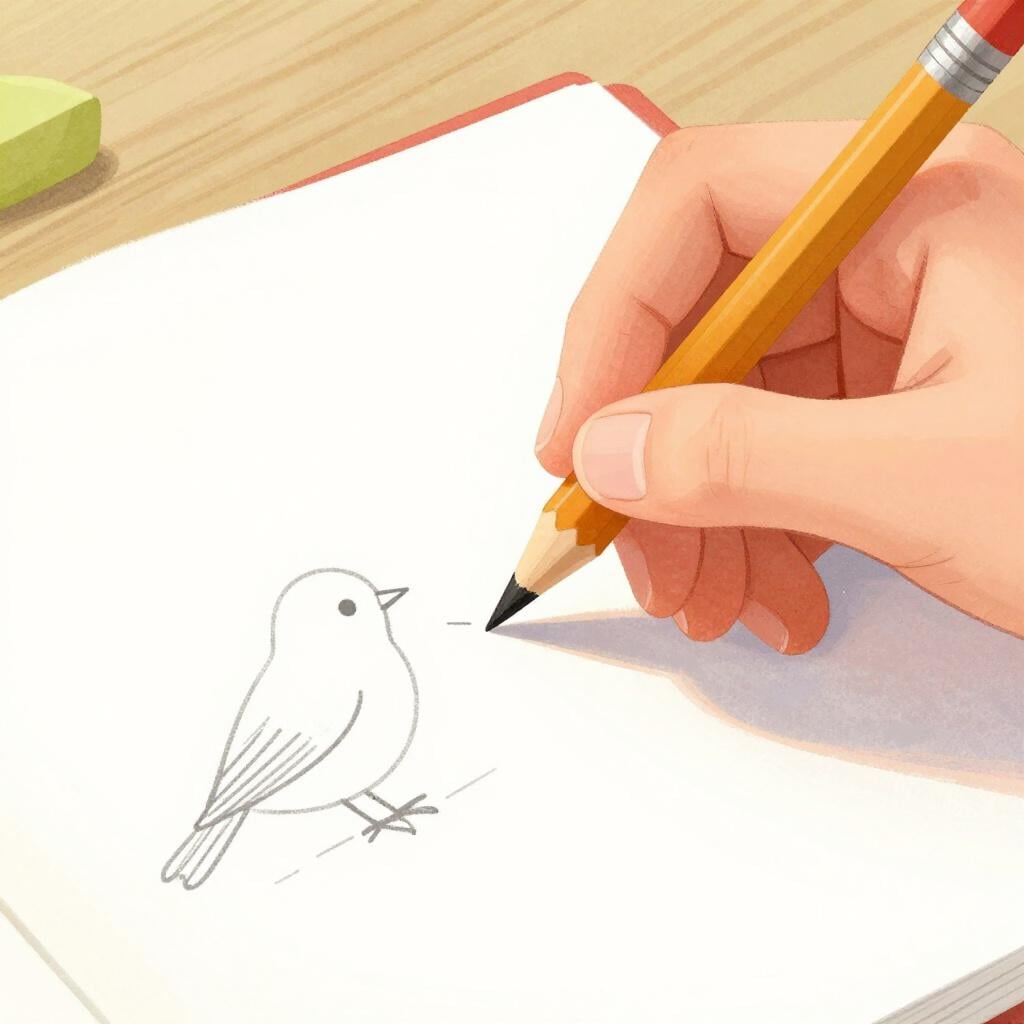 A hand carefully adding a small, detailed feather to a simple bird drawing.
