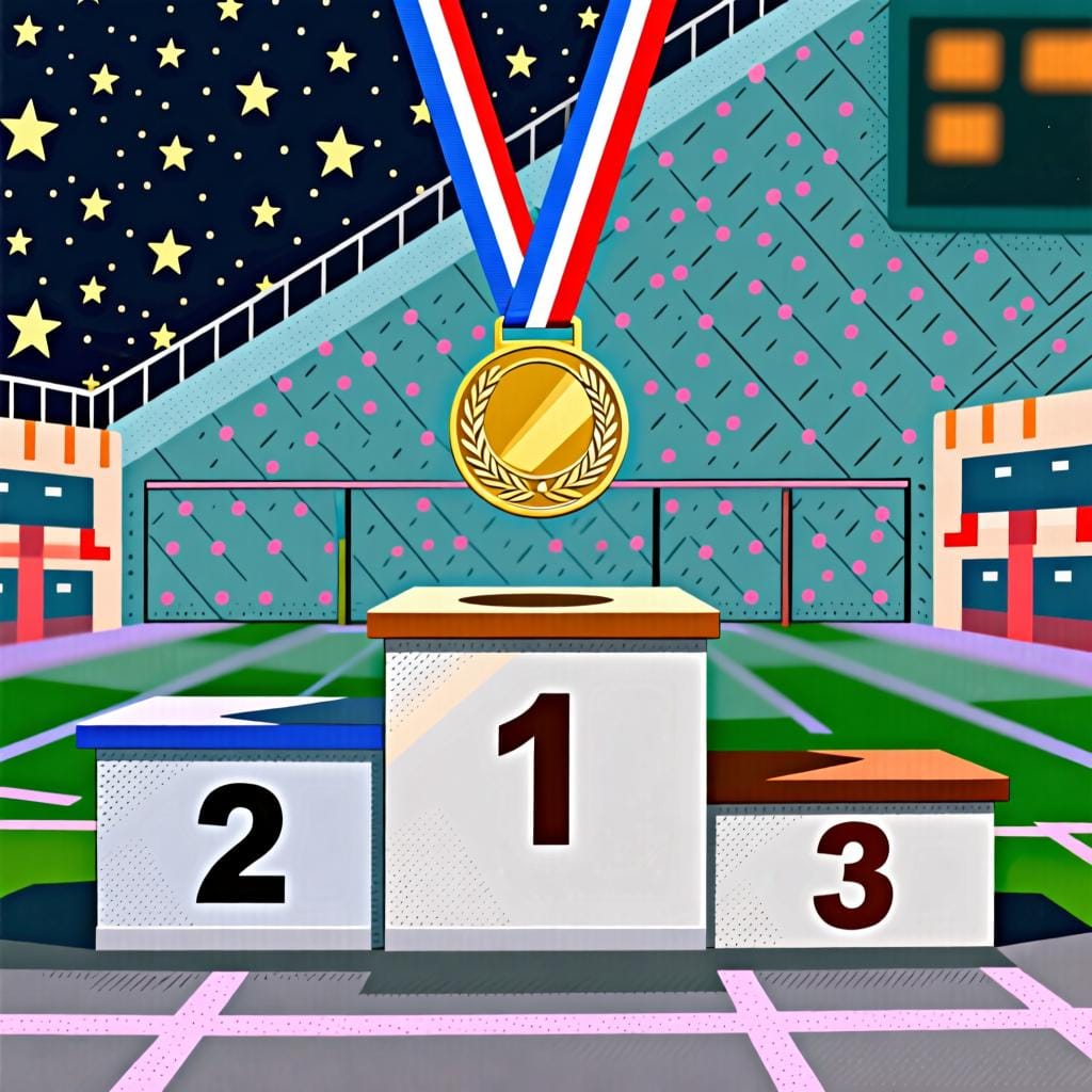 A winner's podium with medals for first, second, and third place, symbolizing position or rank.