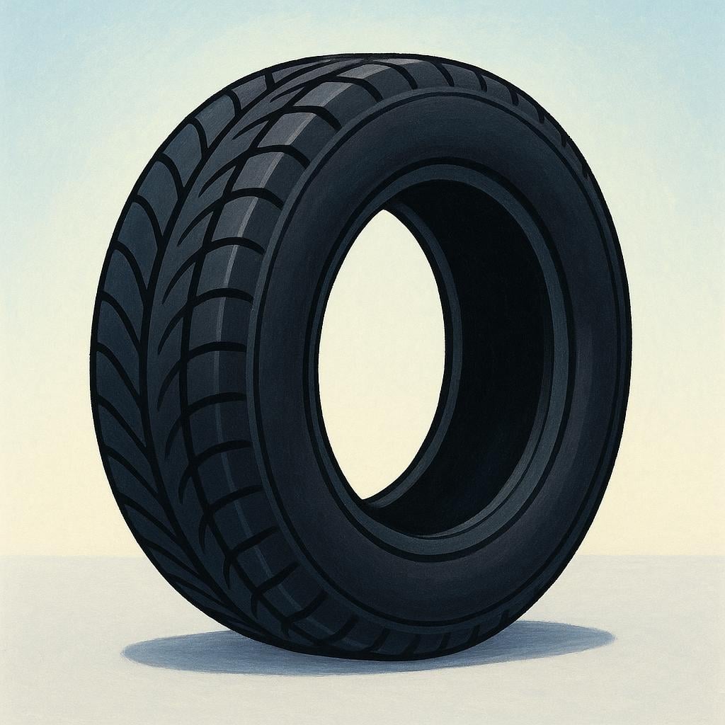 A large, perfectly inflated, round car tire standing upright on a clean surface, symbolizing correct internal pressure.