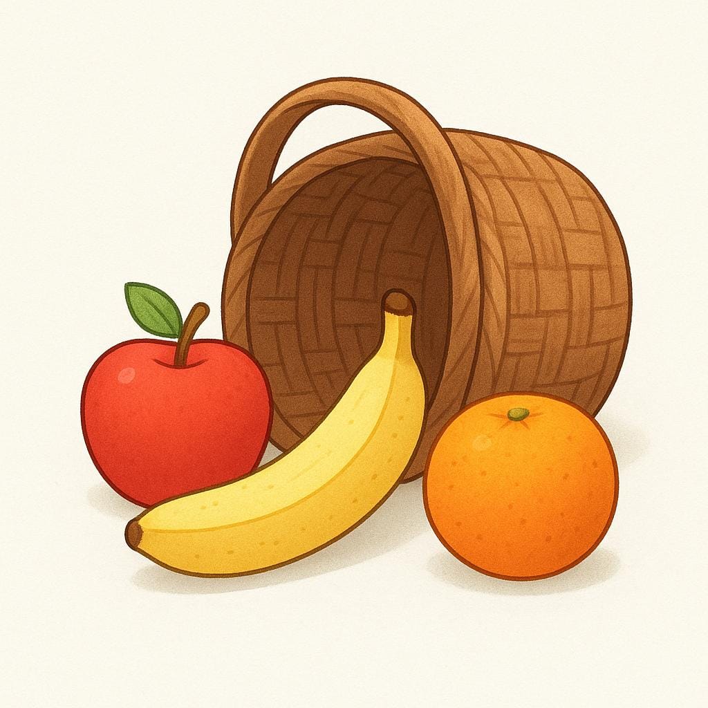 A brown wicker basket overflowing with various items: specifically an apple, a banana, and an orange lying outside the basket, illustrating examples of a category.