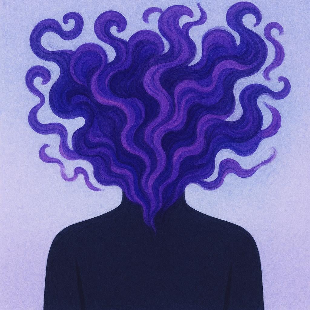 A simple illustration of a person's torso silhouette with dark, swirling purple smoke emanating strongly from the chest area, symbolizing malice or negative intent.