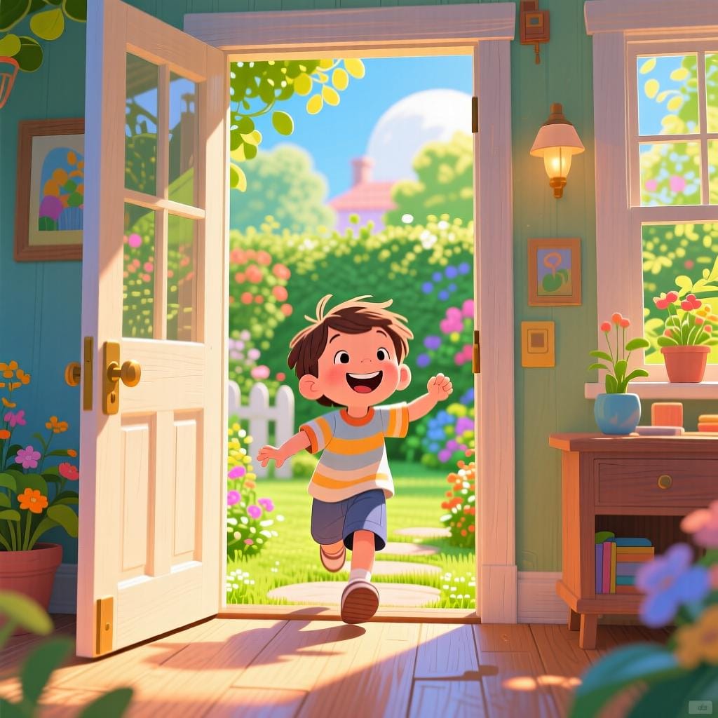 Un bambino che esce felicemente da una casa colorata attraverso una porta rosso vivo verso un giardino soleggiato.