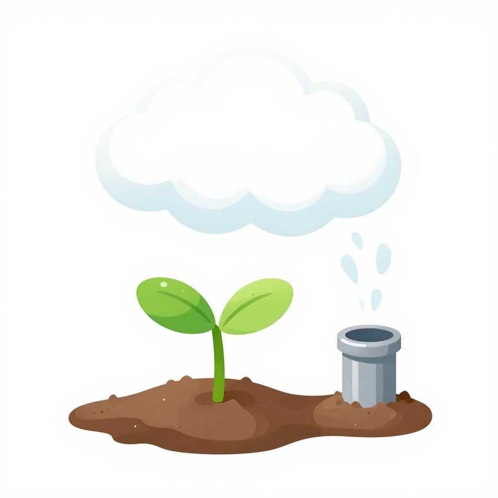 Une petite plante verte à côté d'une douce bouffée de vapeur blanche sortant d'un bec.