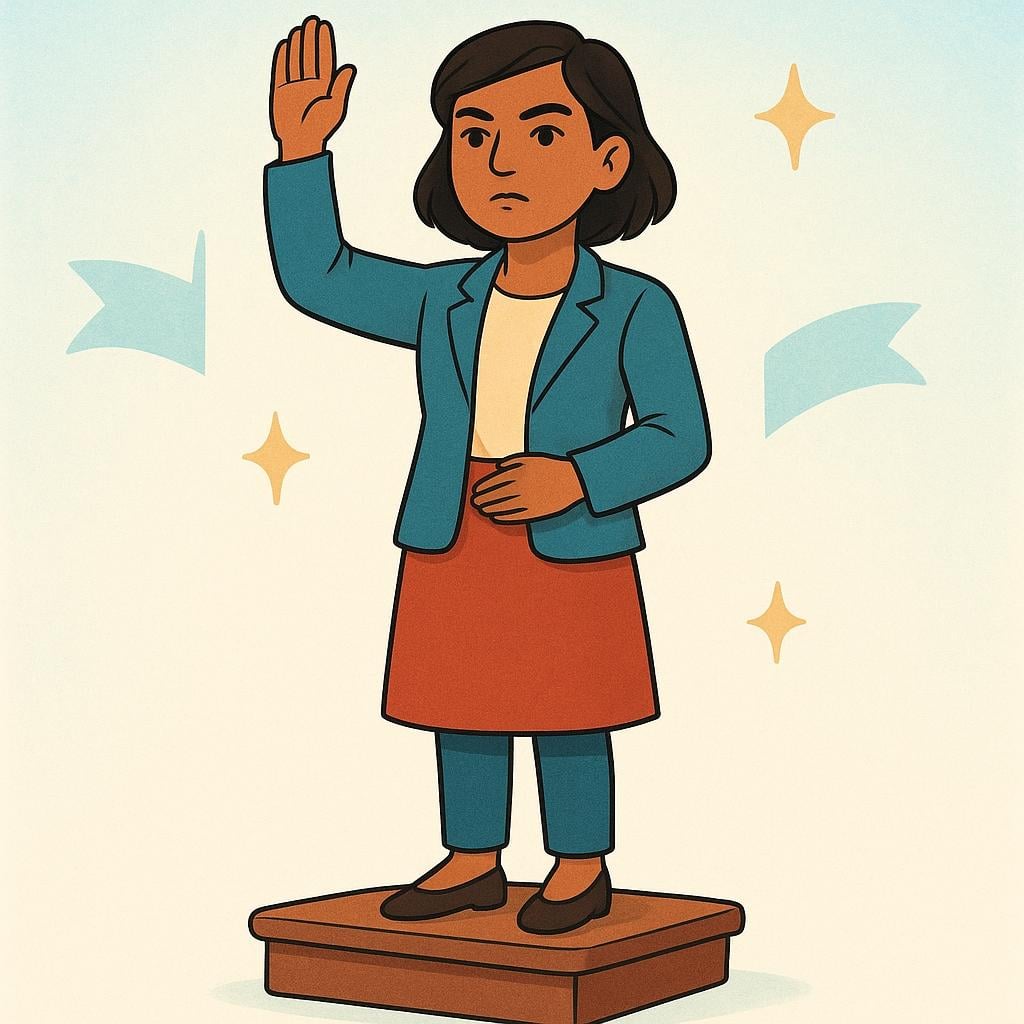 A confident person standing with a serious expression, raising their right hand high into the air as if taking a solemn oath or making a serious promise.