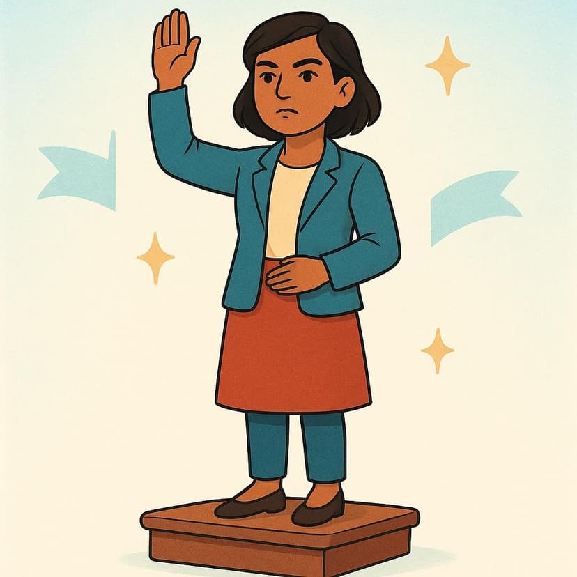 A confident person standing with a serious expression, raising their right hand high into the air as if taking a solemn oath or making a serious promise.