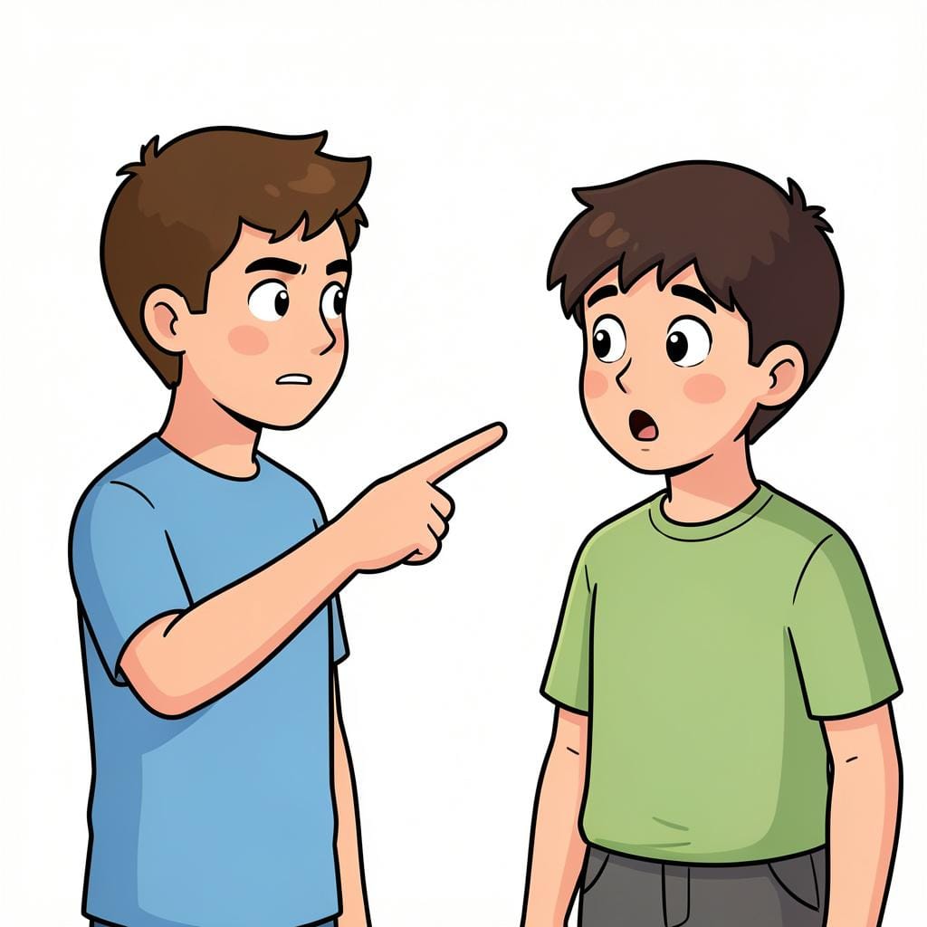 A person pointing a finger at another person who looks surprised.