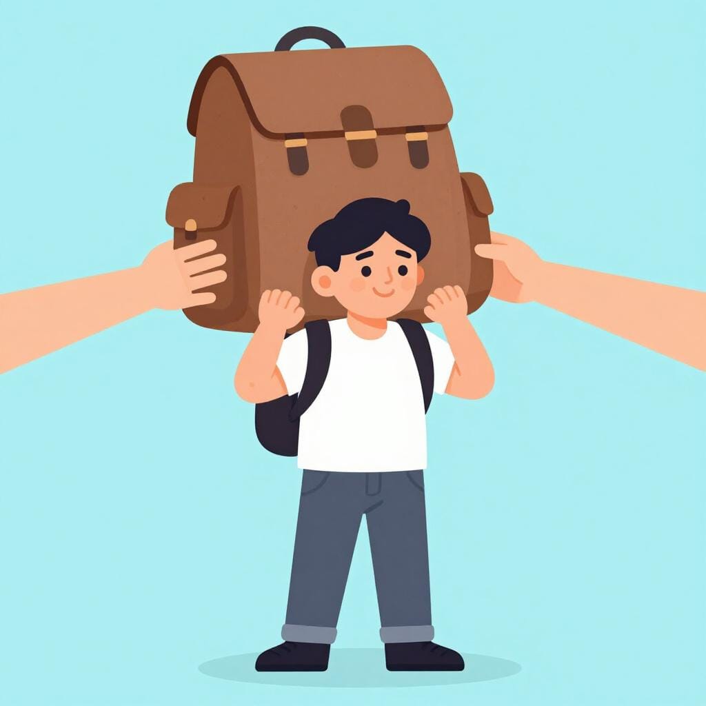 Eine Person lächelt, während ihr ein Rucksack von einer helfenden Hand von den Schultern gehoben wird.