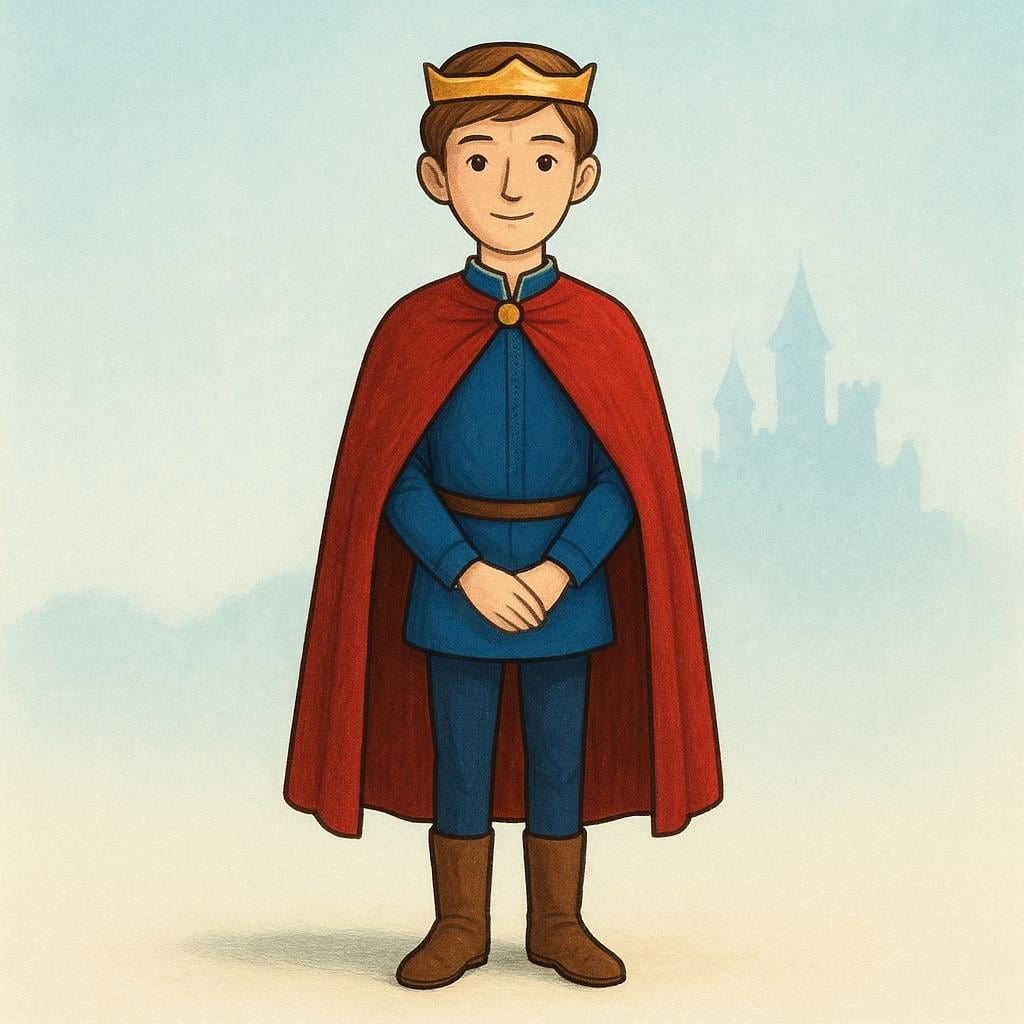 A regal figure, a young prince, wearing a simple gold crown and a red velvet cloak, standing formally against a plain, brightly colored background.