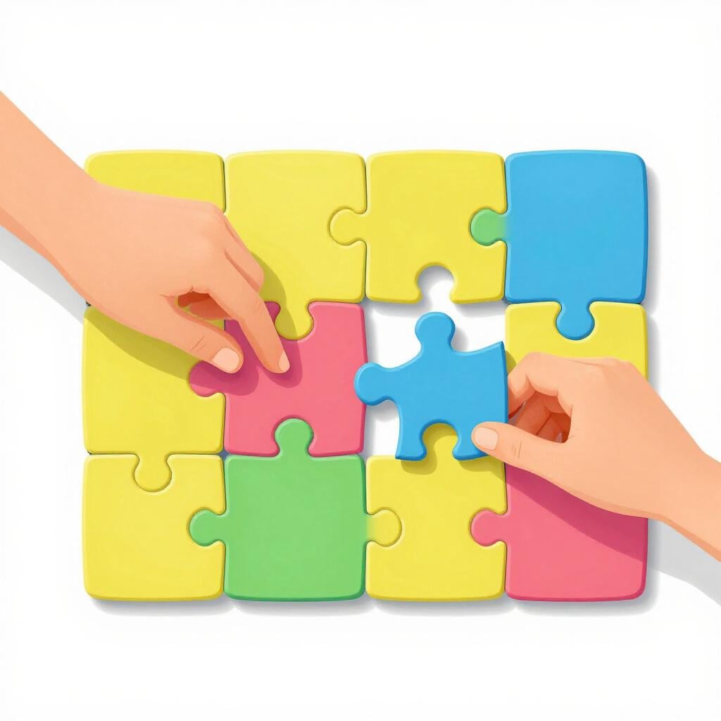 Un puzzle colorato con un pezzo specifico che viene inserito in un foro centrale per completare l'immagine.