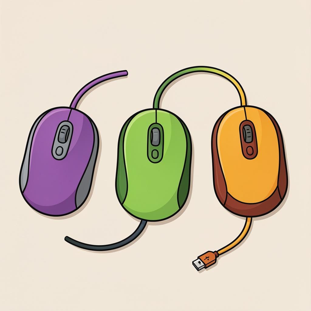 Verschillende kleurrijke computermuizen met lange kabels op een bureau.