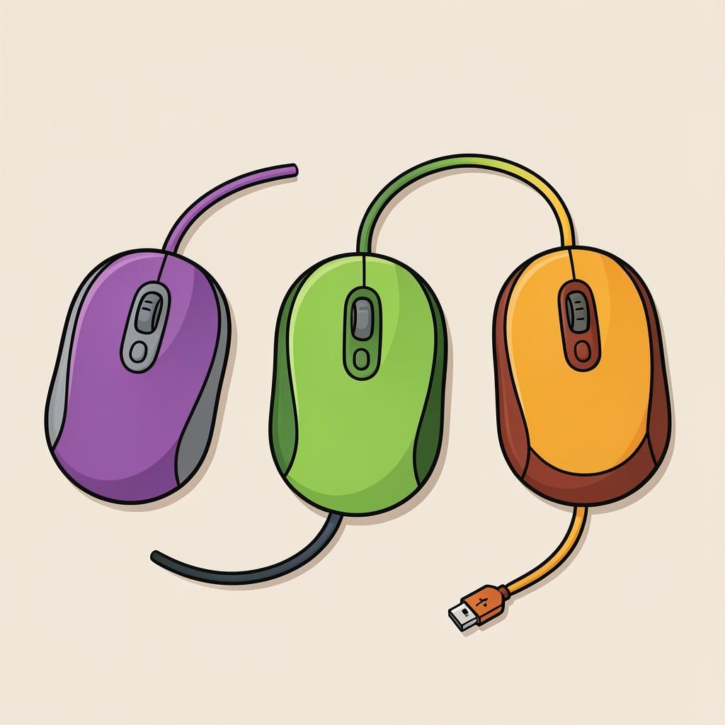 Several colorful computer mice with long cables on a desk.