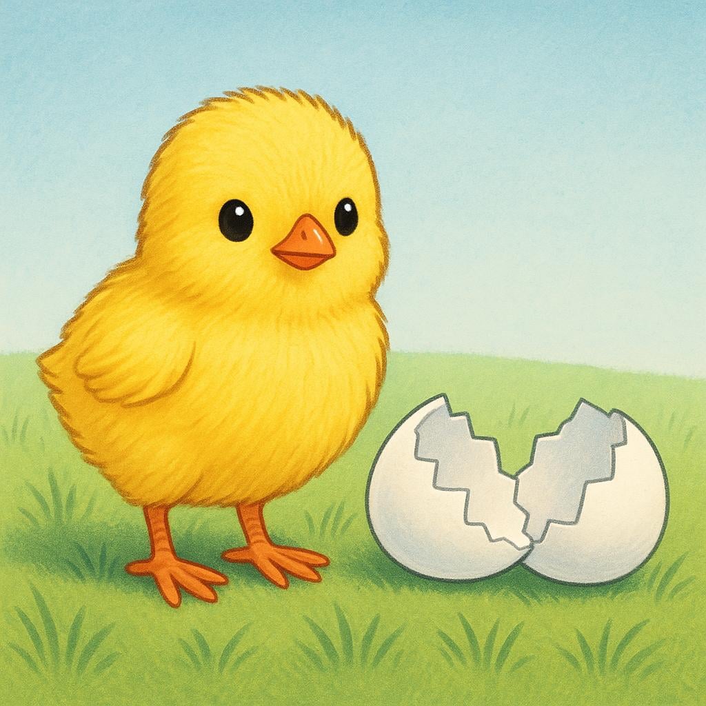 An illustration showing a fluffy yellow chick standing confidently beside the freshly broken halves of its white eggshell on green grass.