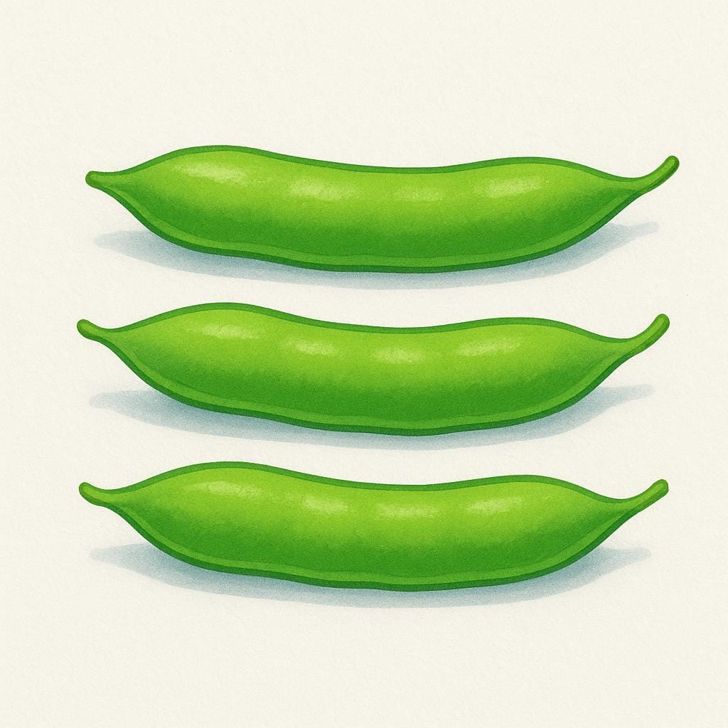 A close-up illustration of three bright green bean pods, fresh and whole, lying on a surface.
