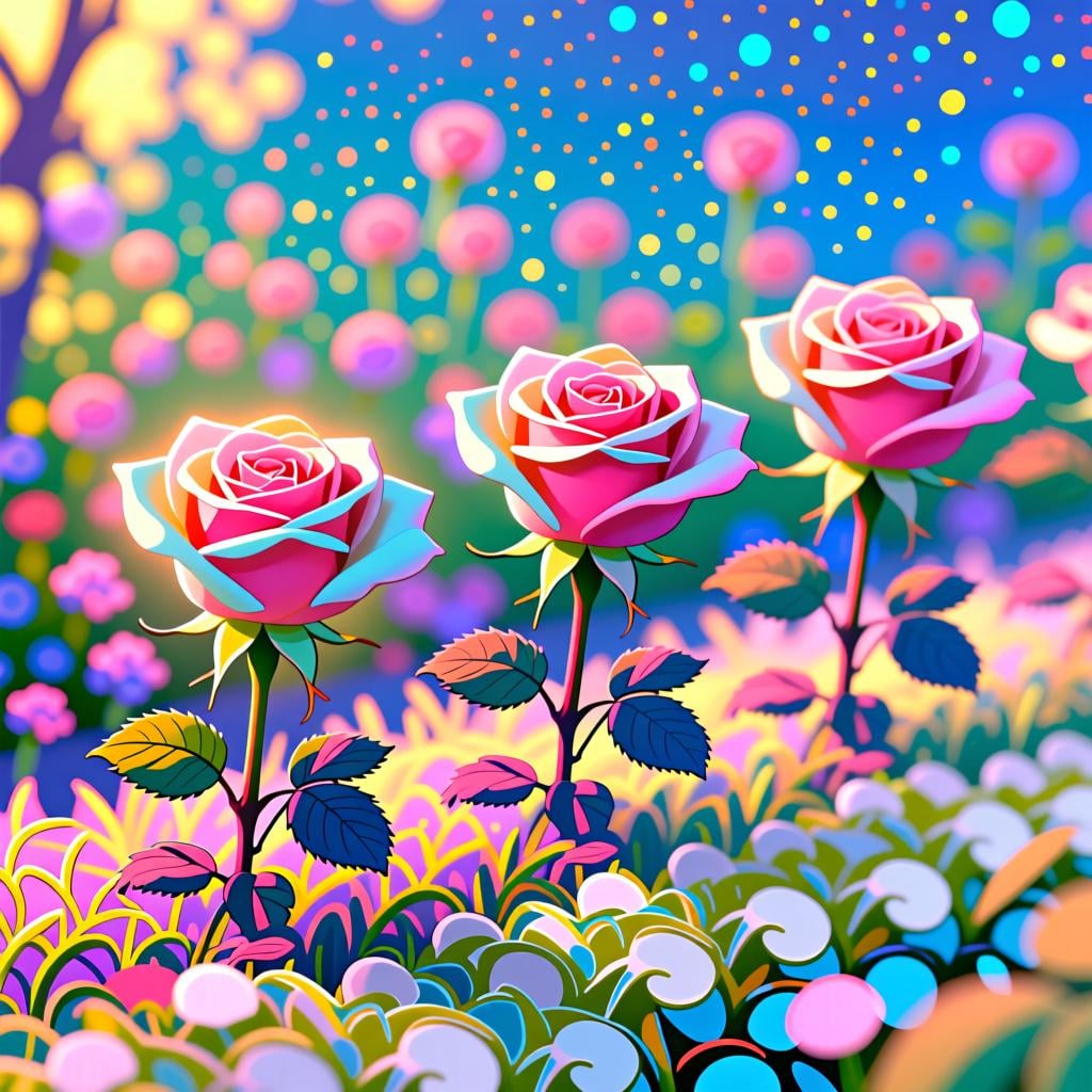 A line of three identical, colorful pink roses in a garden setting, with the leftmost rose glowing to indicate it is the first one in sequence.