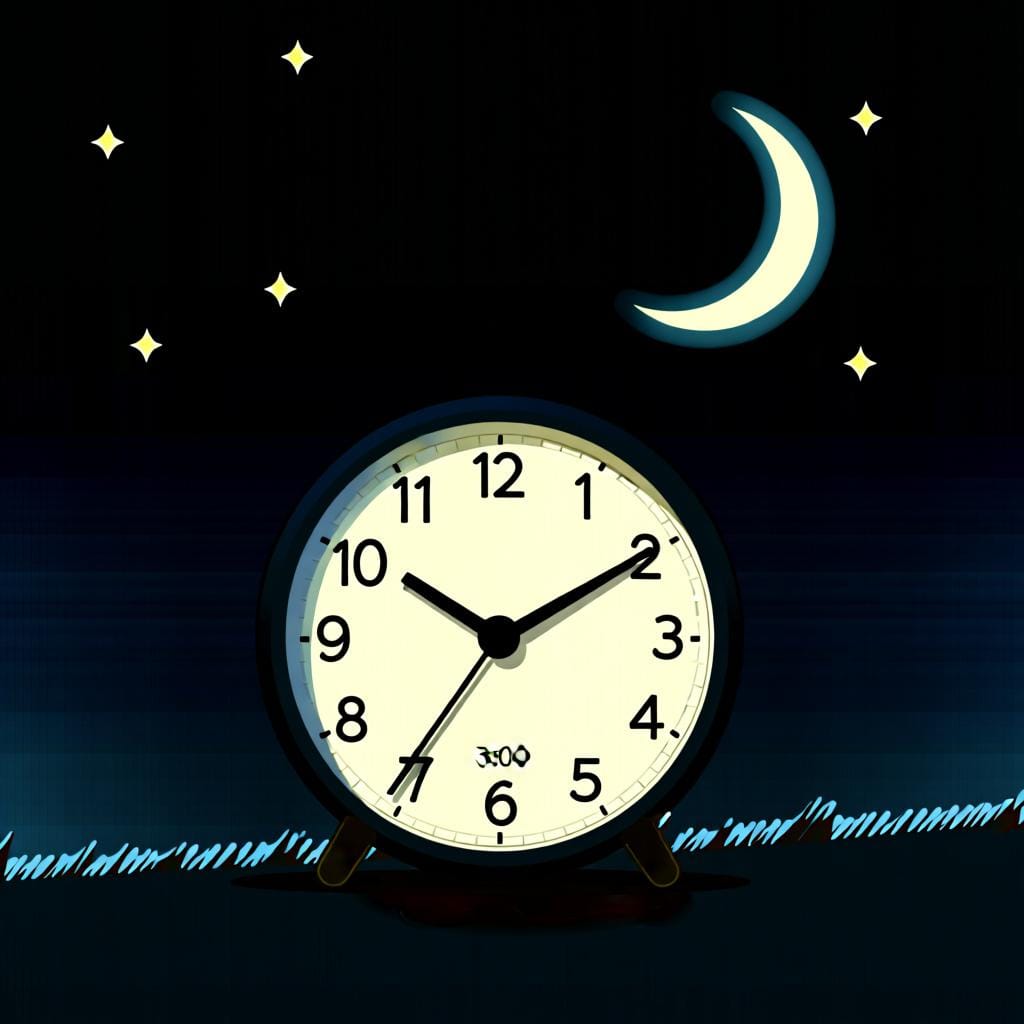 A simple clock face showing the time as 3:00, with a crescent moon and stars visible behind it to indicate it's nighttime.