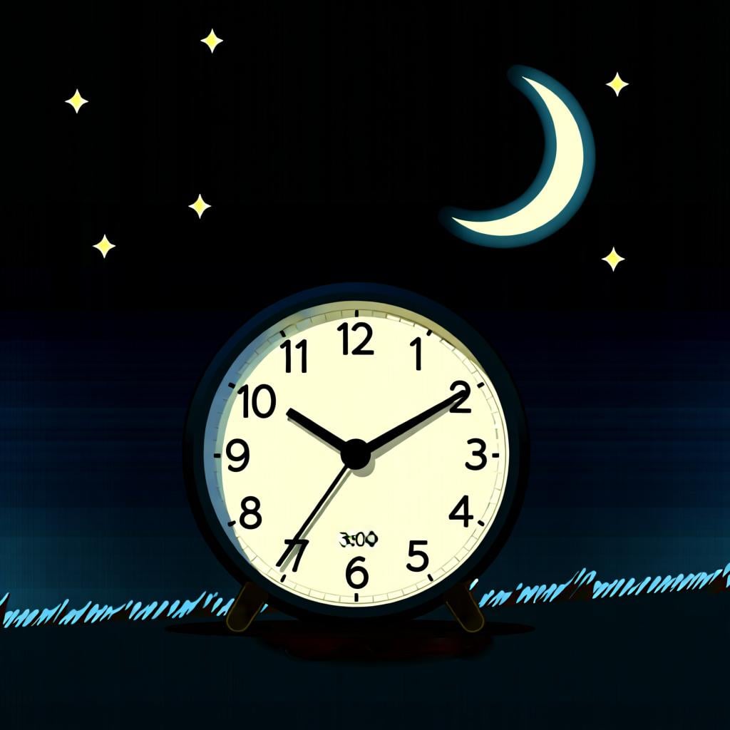 A simple clock face showing the time as 3:00, with a crescent moon and stars visible behind it to indicate it's nighttime.