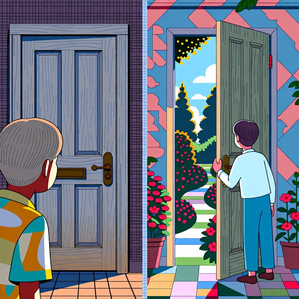 A split-panel image. On the left, a plain, closed wooden door. On the right, the door is open, revealing a beautiful, sunny garden inside.