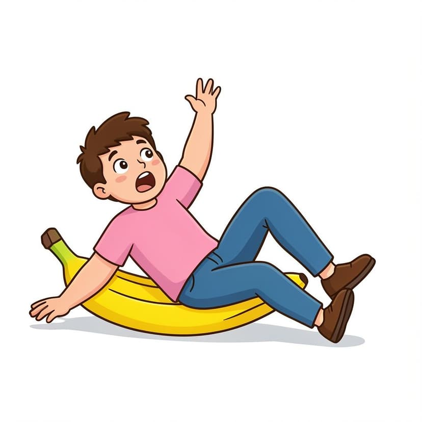 Eine Person rutscht auf einer Bananenschale aus und fällt in Richtung Boden.