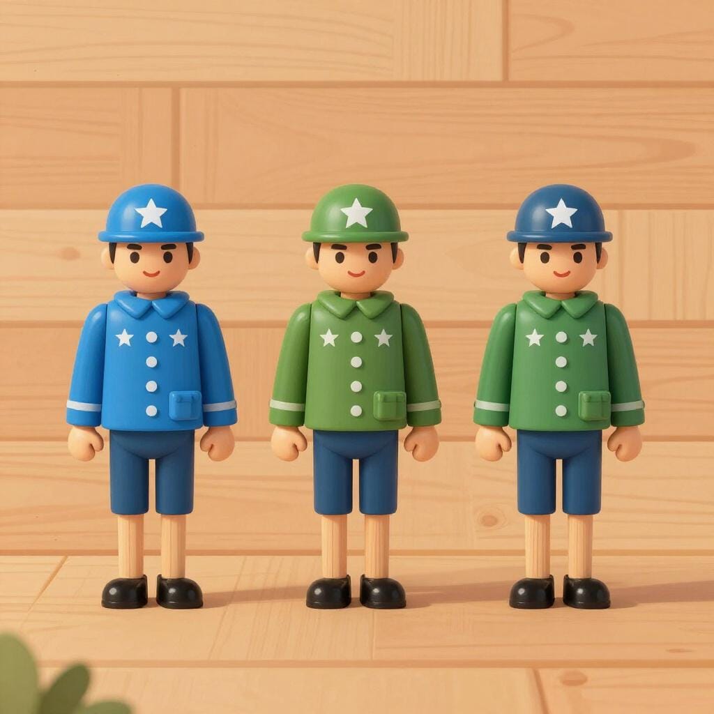 A row of colorful toy soldiers marching with their legs in the exact same position.