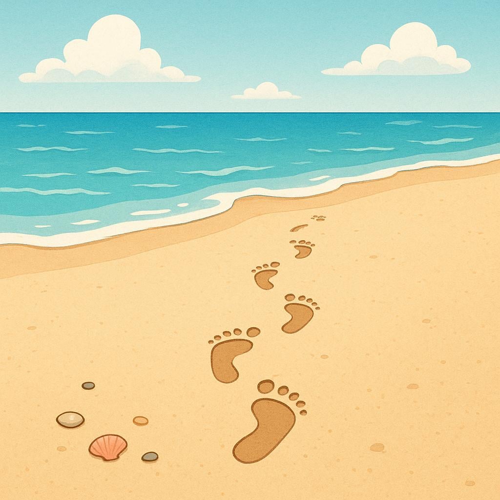 A series of deep human footprints clearly imprinted in wet sand on a beach, trailing away into the distance.