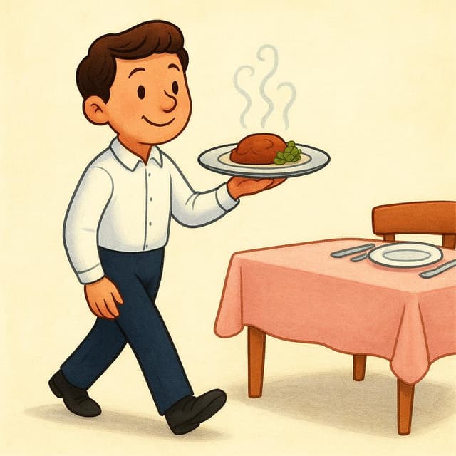A waiter carrying a tray with a single plate of steaming food.