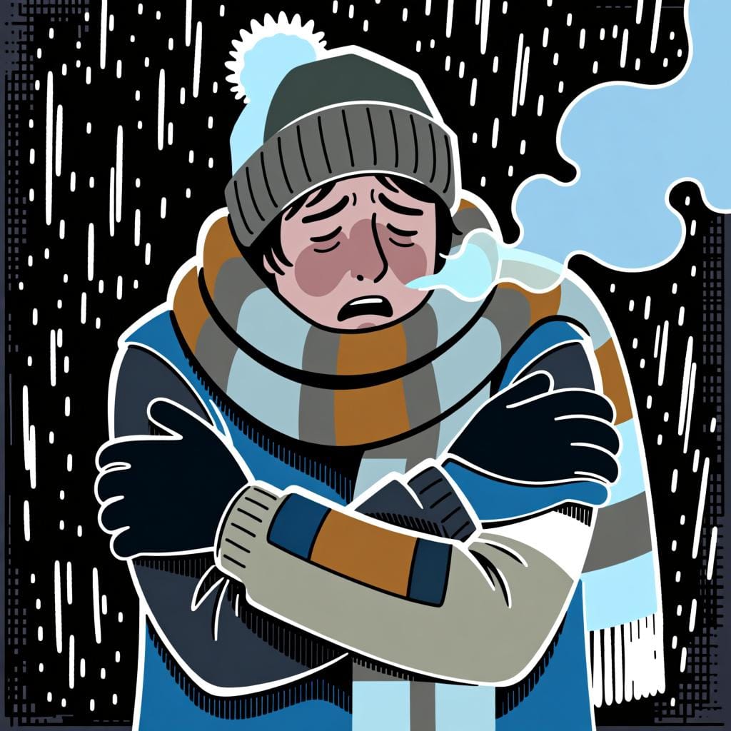 A person bundled in a thick scarf and winter hat, shivering with their arms crossed, representing how 'tiene' is used for physical feelings like being cold.