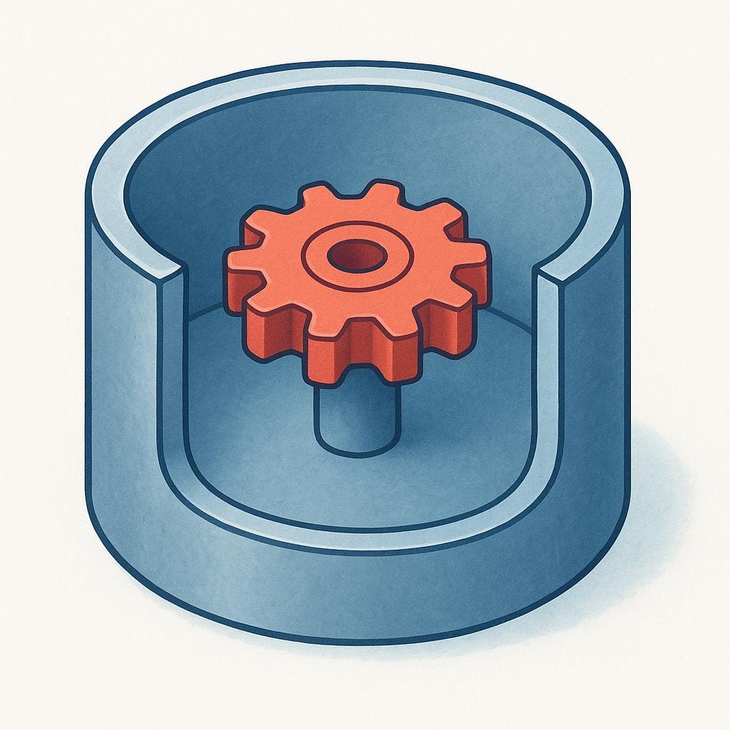 A cross-section view of a metallic cylindrical protective outer layer surrounding an internal mechanical component.