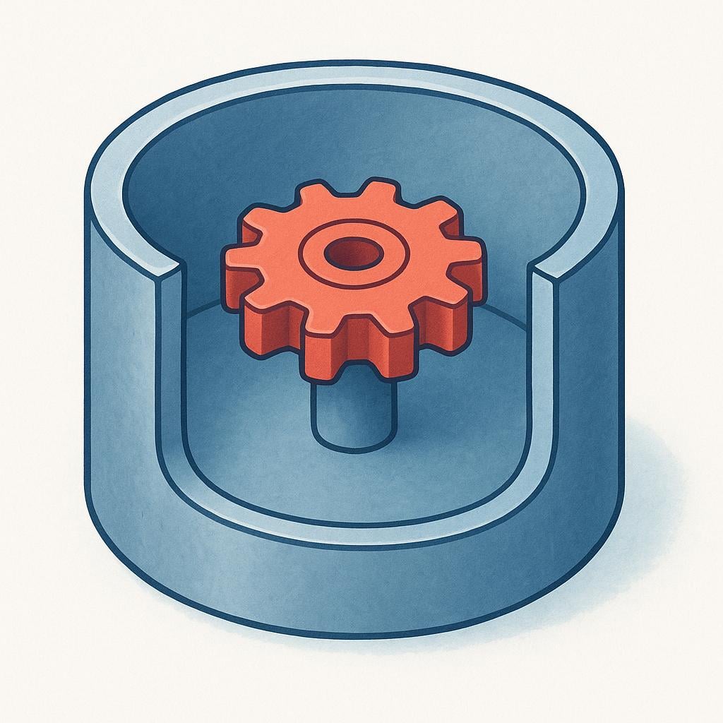 A cross-section view of a metallic cylindrical protective outer layer surrounding an internal mechanical component.