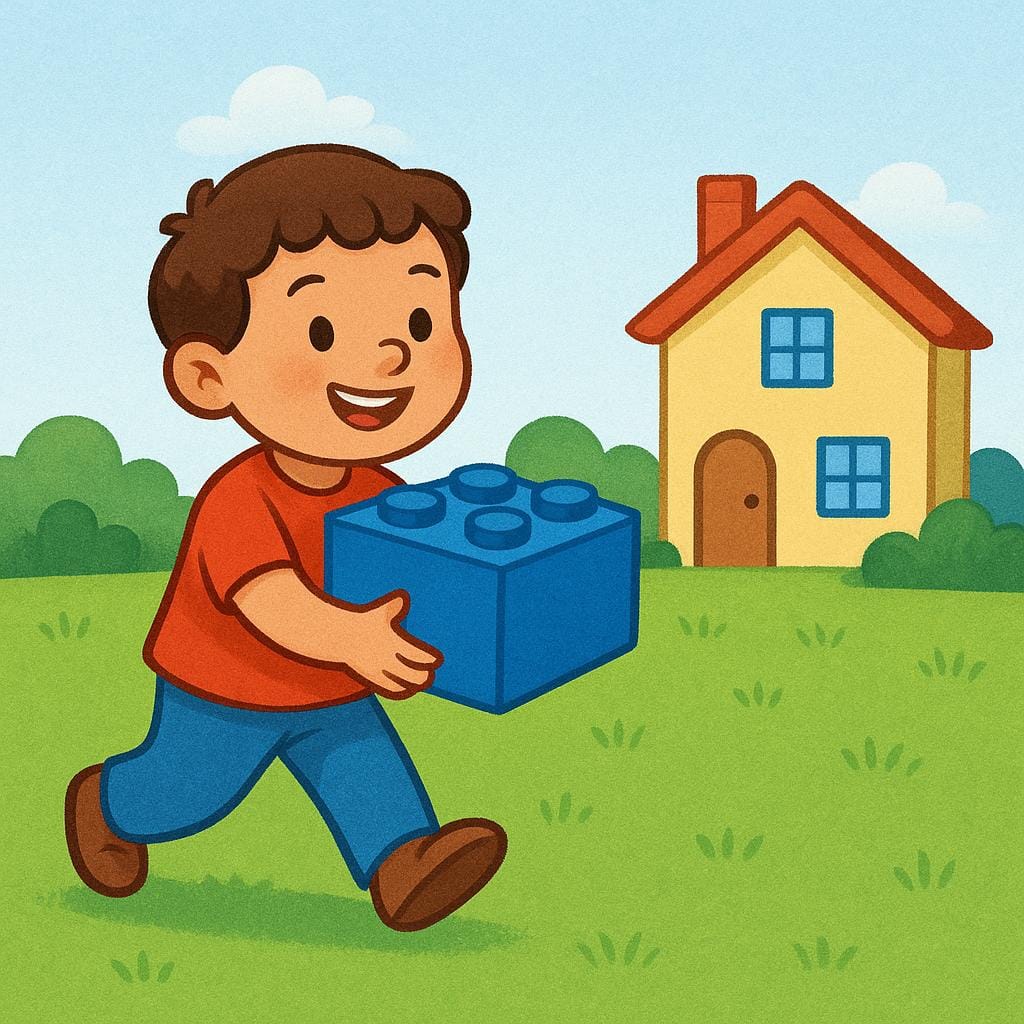 A smiling child wearing a red shirt is carrying a large blue building block across a green lawn towards a house.