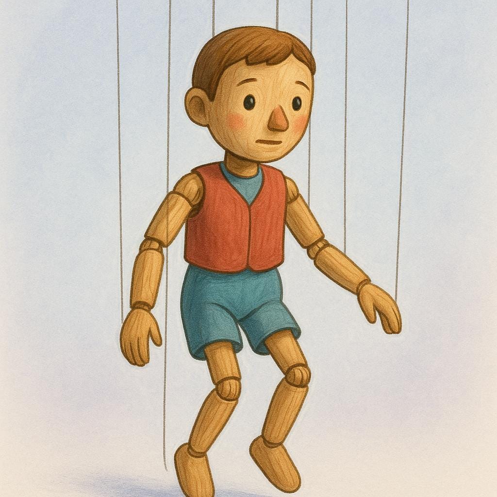 A simplified illustration of a person depicted as a wooden marionette puppet, hanging from visible control strings.