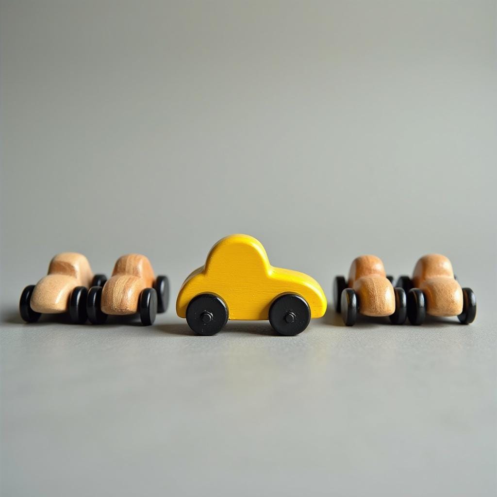 Eine Reihe von fünf einzigartigen, kleinen, bunten Spielzeugautos, die nacheinander geparkt sind, wobei das fünfte Auto hervorgehoben oder andersfarbig markiert ist, um seine Position zu betonen.