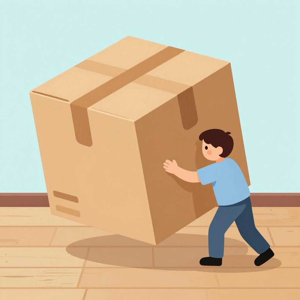 A person pushing a large wooden crate across a floor.