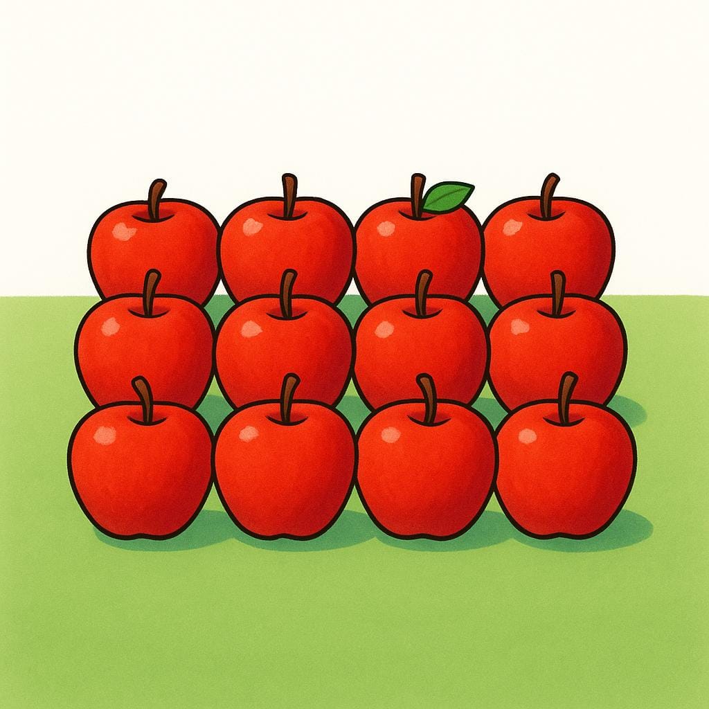 Douze pommes rouges et brillantes sont parfaitement disposées sur une simple surface verte, illustrant la quantité de douze.