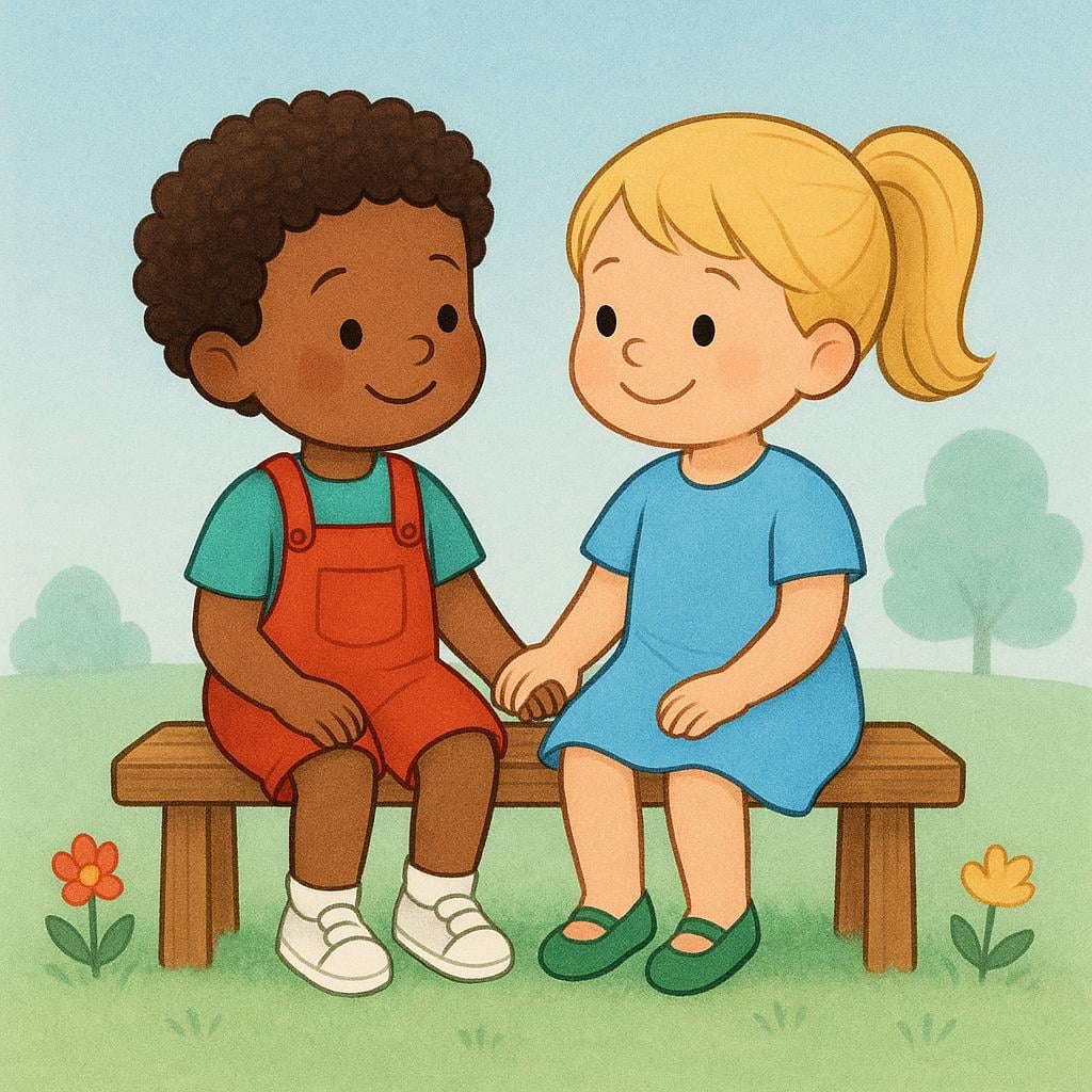 A colorful storybook illustration showing two friendly children sitting side-by-side on a small wooden bench.