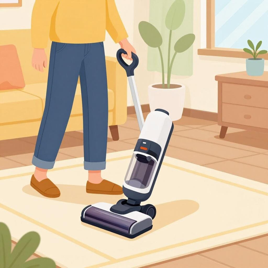A person pushing a vacuum cleaner across a colorful rug.