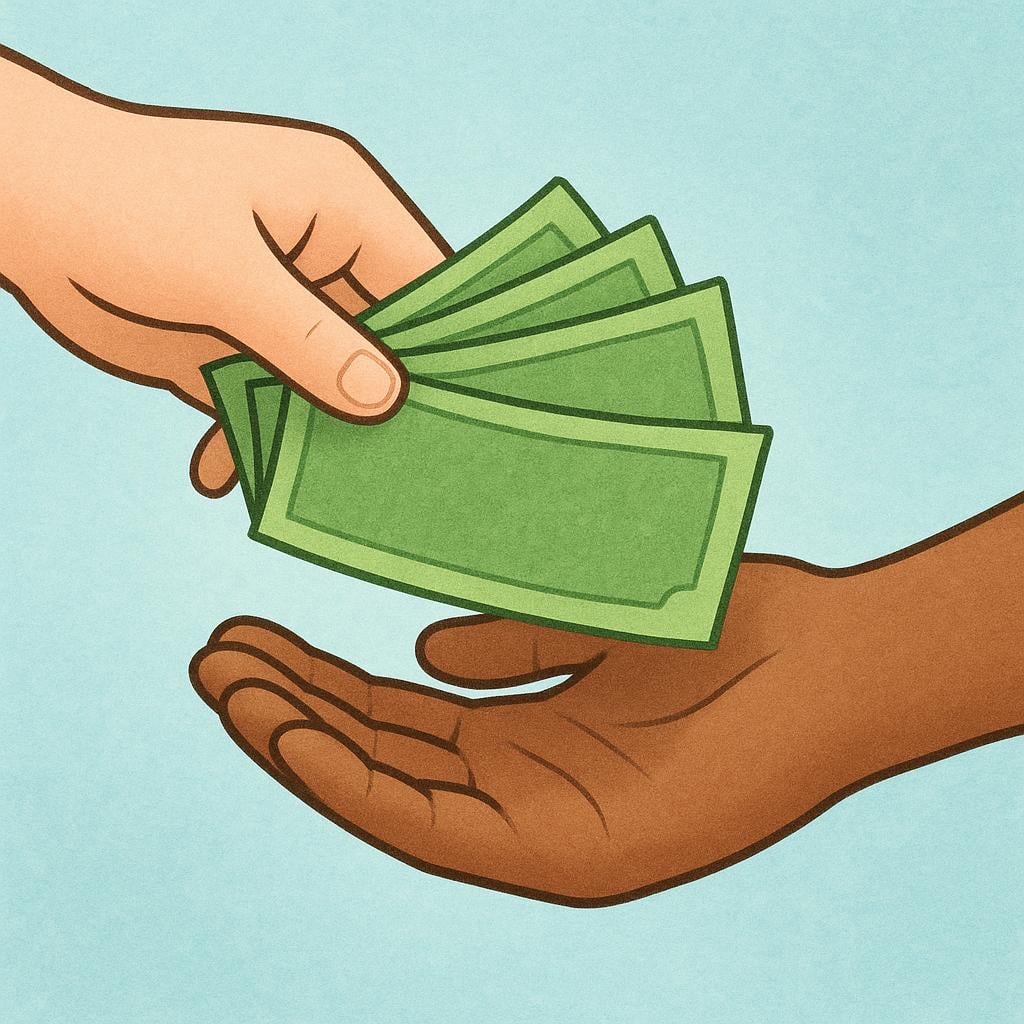 A hand places several folded green paper bills into the open palm of another hand, illustrating a monetary refund.