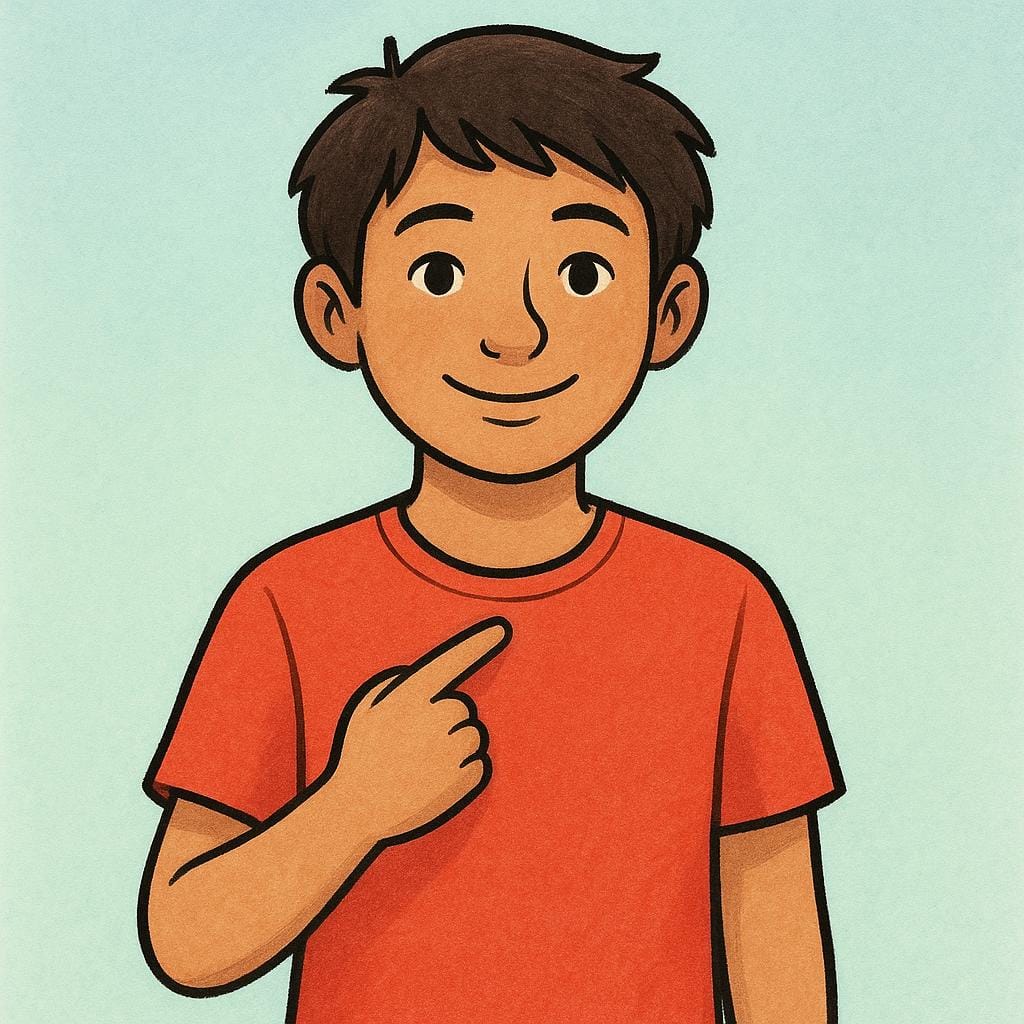 Un'illustrazione colorata di una giovane persona che sorride e indica se stessa per indicare l'auto-identificazione.