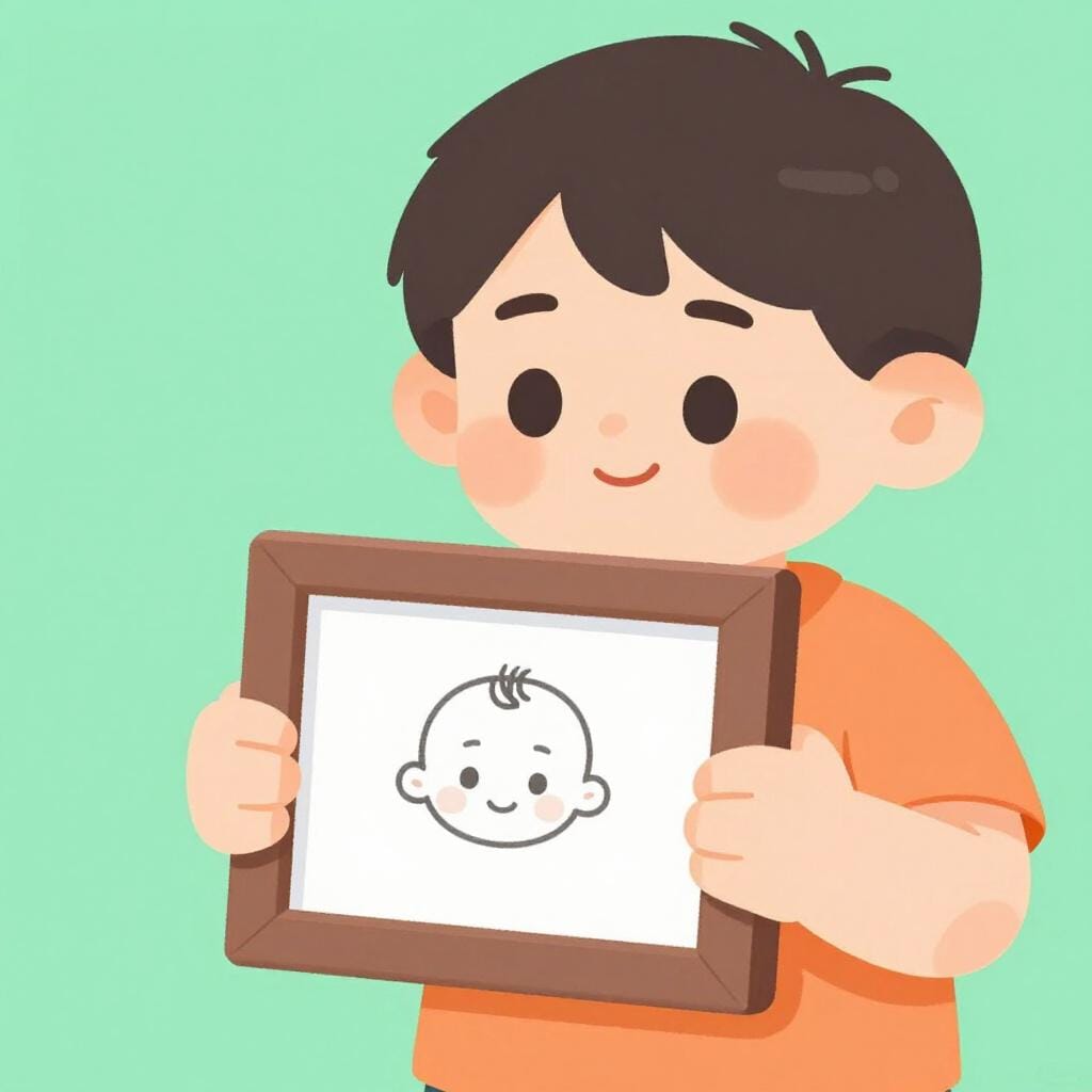 Un enfant regardant une vieille photo encadrée de lui bébé.