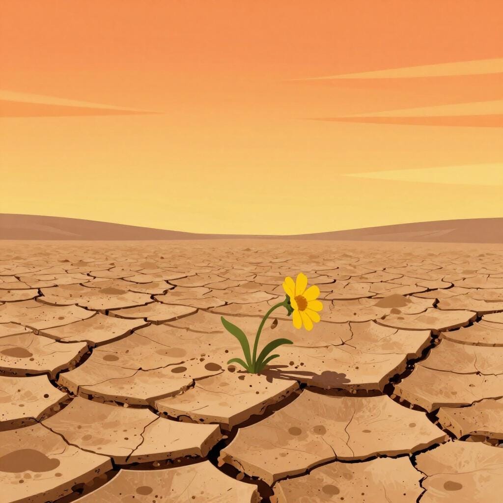 Eine ausgedörrte, rissige Erdenlandschaft mit einer einzelnen welken Pflanze unter einer sengenden Sonne.